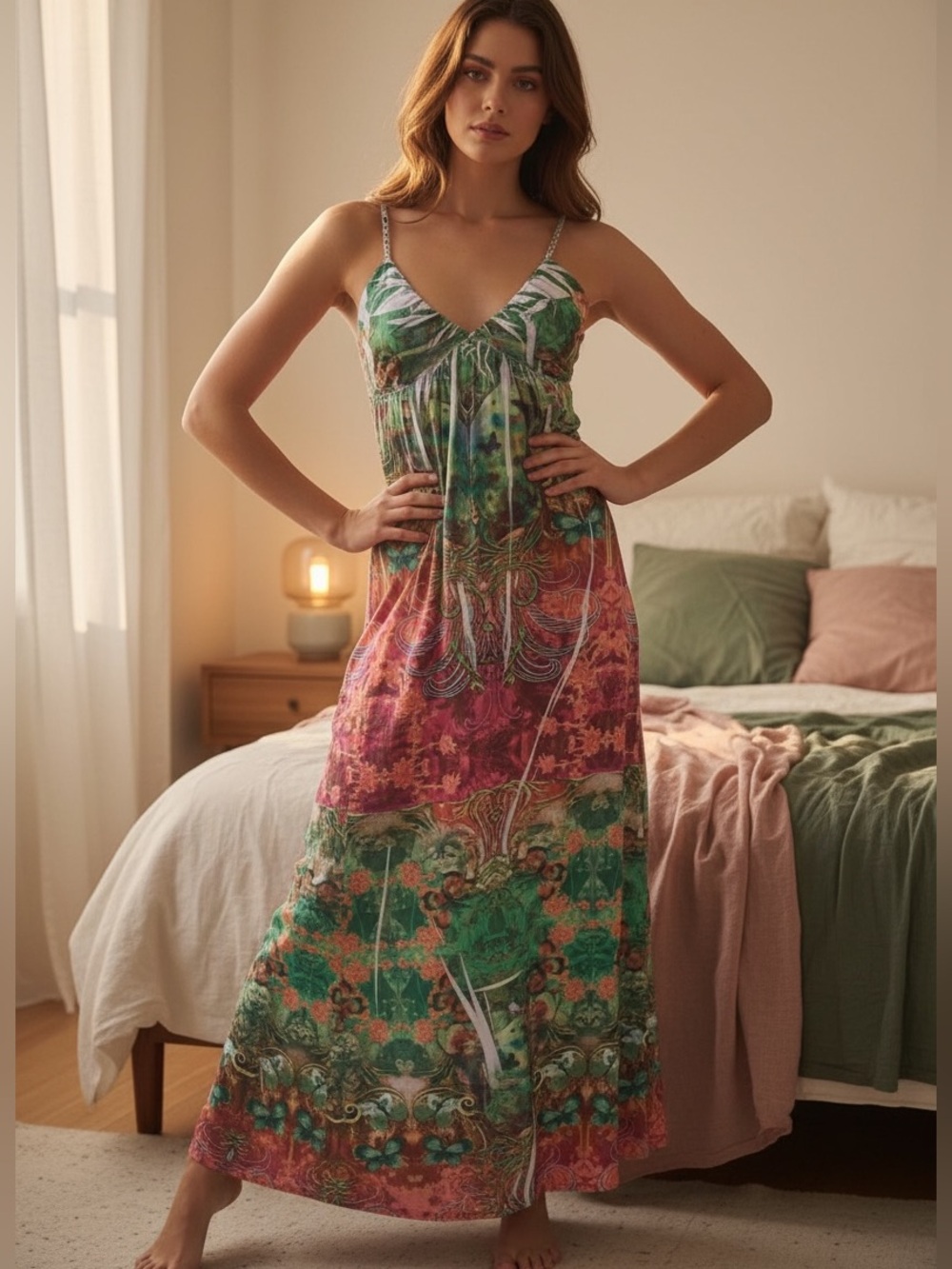 Tracy Lynn Y2K Boho Tropical Butterfly Maxi Dress Resort Goddess Beach Glam